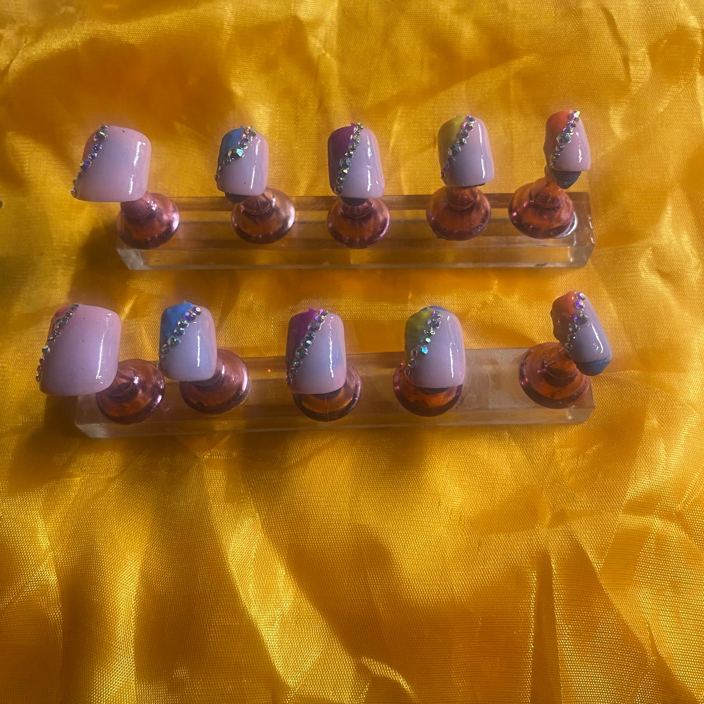 Press on nails Ex short  Square Rainbow alligator nails with Rhinestones